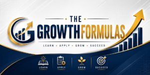 The Growth Formulas blog logo representing business growth, personal development, financial success, and continuous learning with an upward arrow and bar chart.