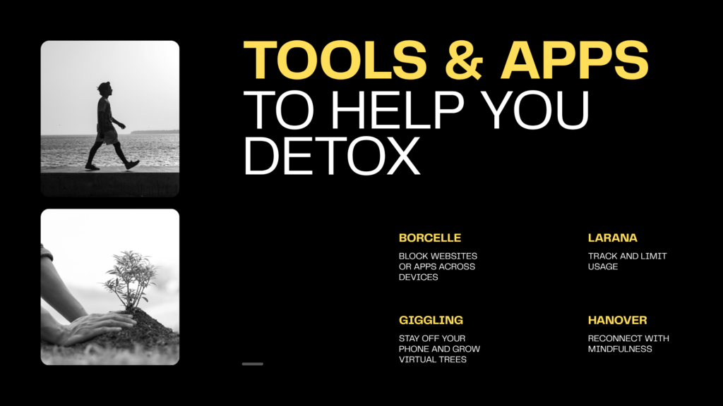 "Comprehensive Digital Detox and Dopamine Detox presentation covering the impact of excessive screen time, phone addiction, digital overload, psychological effects of constant connectivity, benefits of unplugging, popular detox methods, useful productivity and mindfulness tools, real-life case studies, warning signs of technology dependence, and practical steps to build healthier digital habits, improve focus, reduce stress, enhance well-being, and create a balanced relationship with technology."