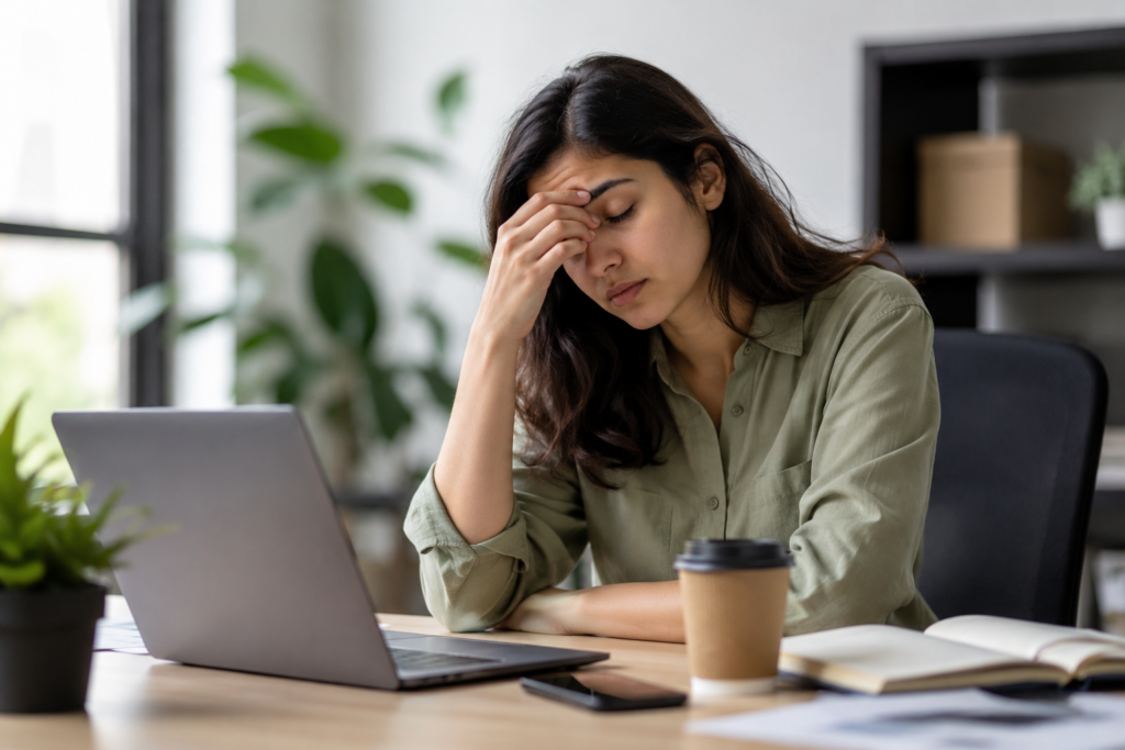 Exhausted office worker feeling tired while sitting at a desk with a laptop and coffee.