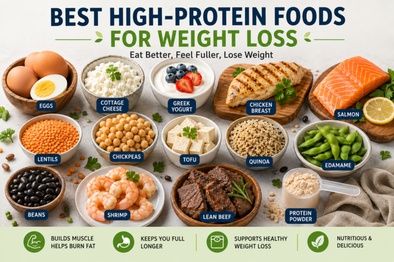 A healthy assortment of high-protein foods including eggs, chicken breast, salmon, Greek yogurt, lentils, tofu, beans, quinoa, and cottage cheese arranged on a wooden table.