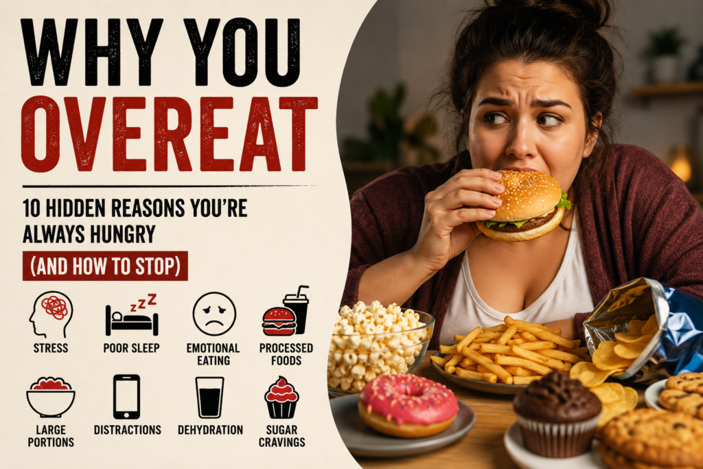 A woman surrounded by junk food illustrating the hidden causes of overeating, including stress, emotional eating, poor sleep, sugar cravings, and unhealthy eating habits.