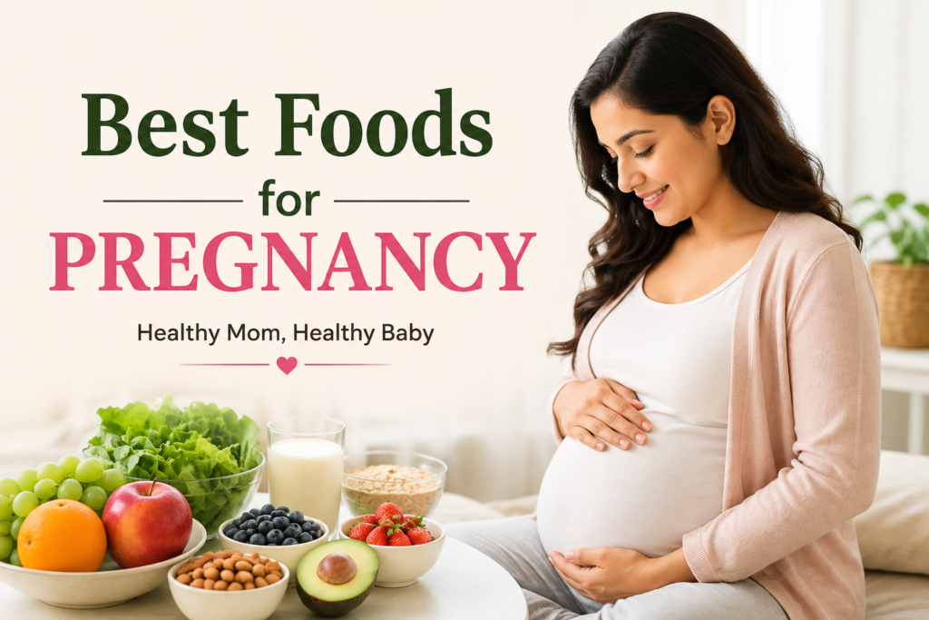 Pregnant woman enjoying healthy foods including fruits, vegetables, dairy, eggs, fish, and whole grains for a balanced pregnancy diet.Best Foods for Pregnancy
