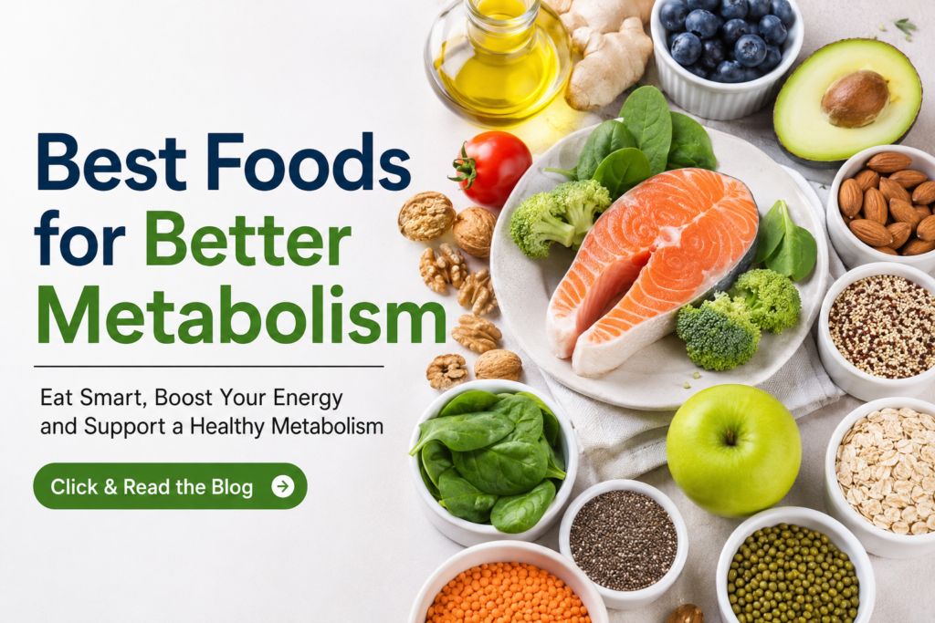 Best foods for better metabolism including salmon, avocado, berries, oats, almonds, spinach, and lentils